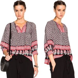 ULLA JOHNSON 100% Silk Printed Tie Neck Peasant Blouse Red Black Cream Size 2